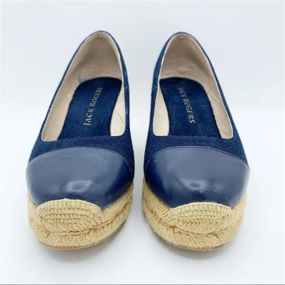 Jack Rogers Palmer Blue Closed Cap‎ Toe Fabric/Leather Wedge Espadrilles Sz 5